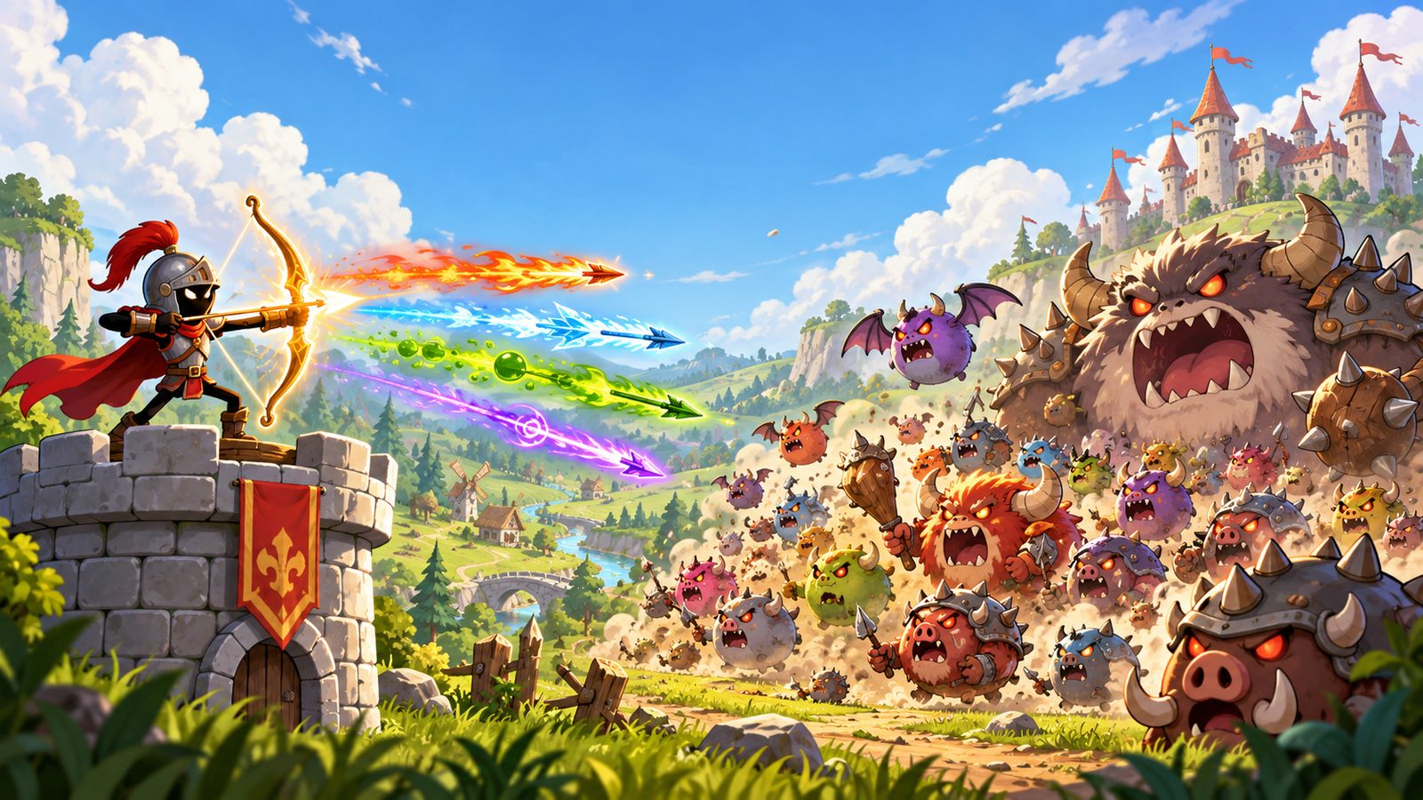 An archer on a stone tower fires fire, ice, poison and piercing arrows at a horde of monsters