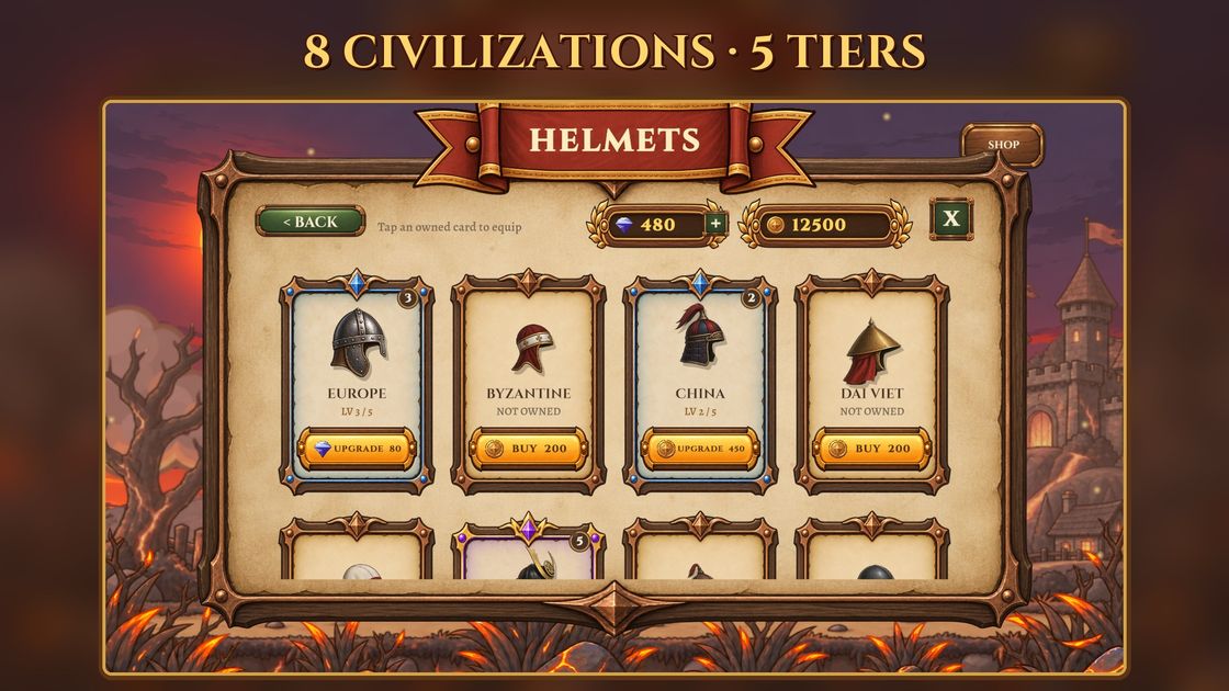 Helmets from 8 civilizations with 5 tiers